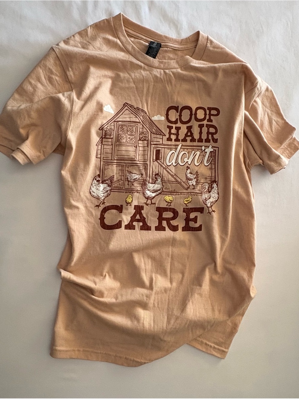 Gildan Light Peach Tee with Burnt Red Coop Hair Don't Care Graphic